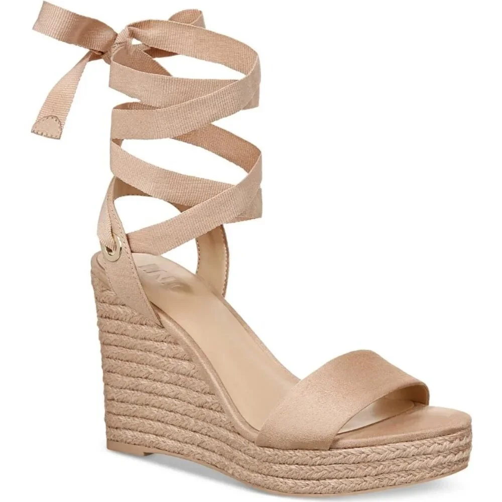 INC Maxx Faux Suede Open Toe Wedge Sandals – Blush MC 9.5 NWT